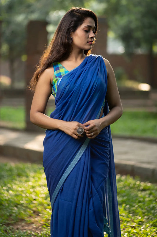 Royal Blue Saree with Blue contrast Border - Handloom Cotton Saree - I Love Sarees