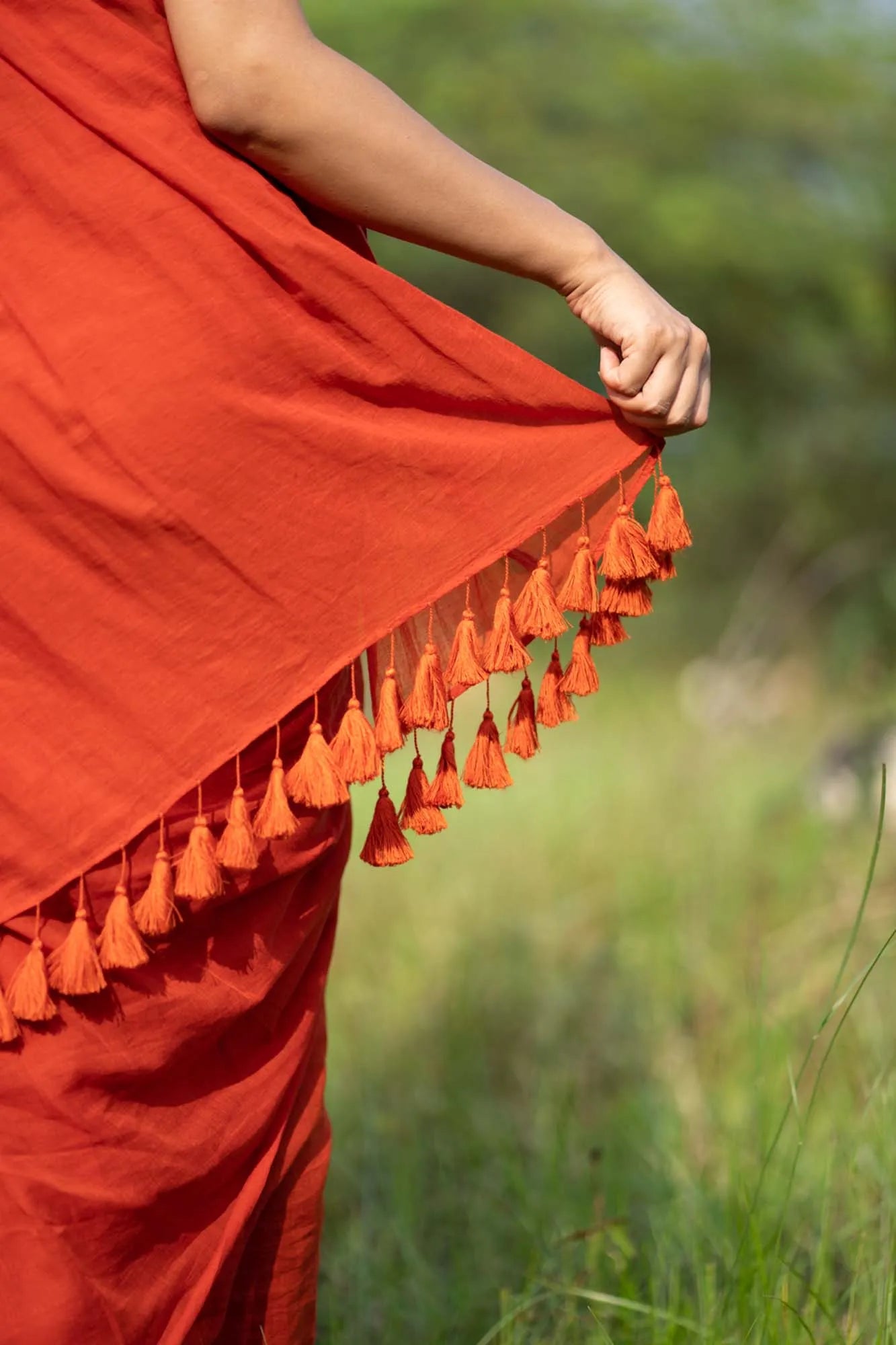 Spicy Orange Plain handloom cotton Saree with orange tassels - I Love Sarees