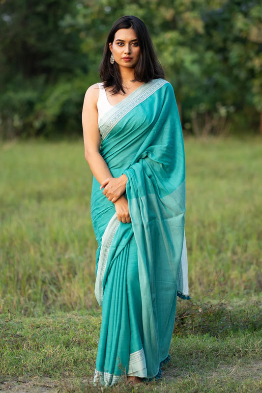 Turquoise Saree with White Border - Handloom Cotton Saree- I Love Sarees