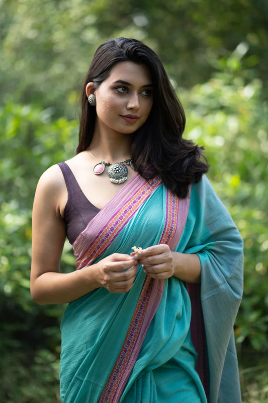 Turquoise and Pink trendy Handwoven Cotton Saree - I Love Sarees
