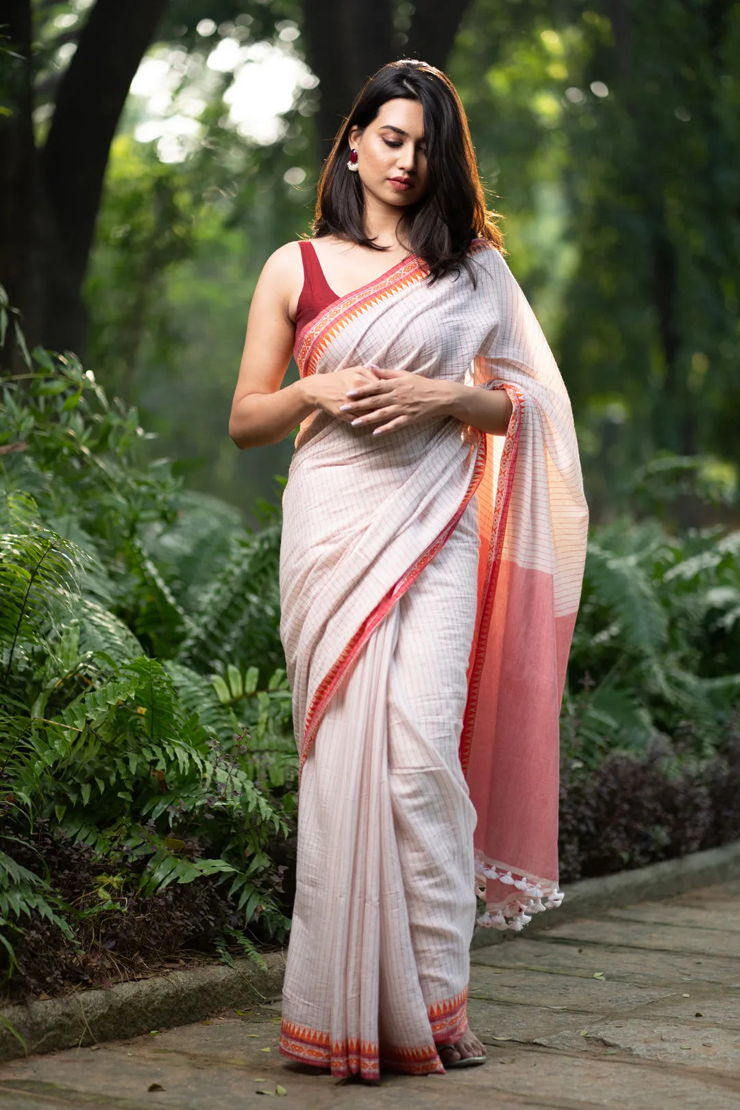 White Saree with Red jacquard Border and red stripes - Handmade cotton Saree - I Love Sarees