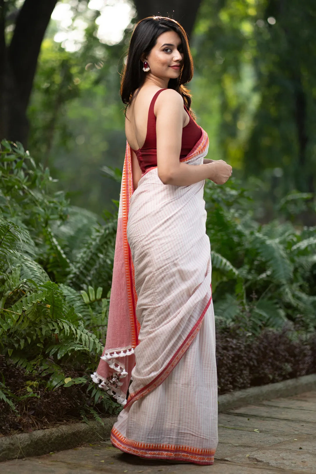 White Saree with Red jacquard Border and red stripes - Handmade cotton Saree - I Love Sarees