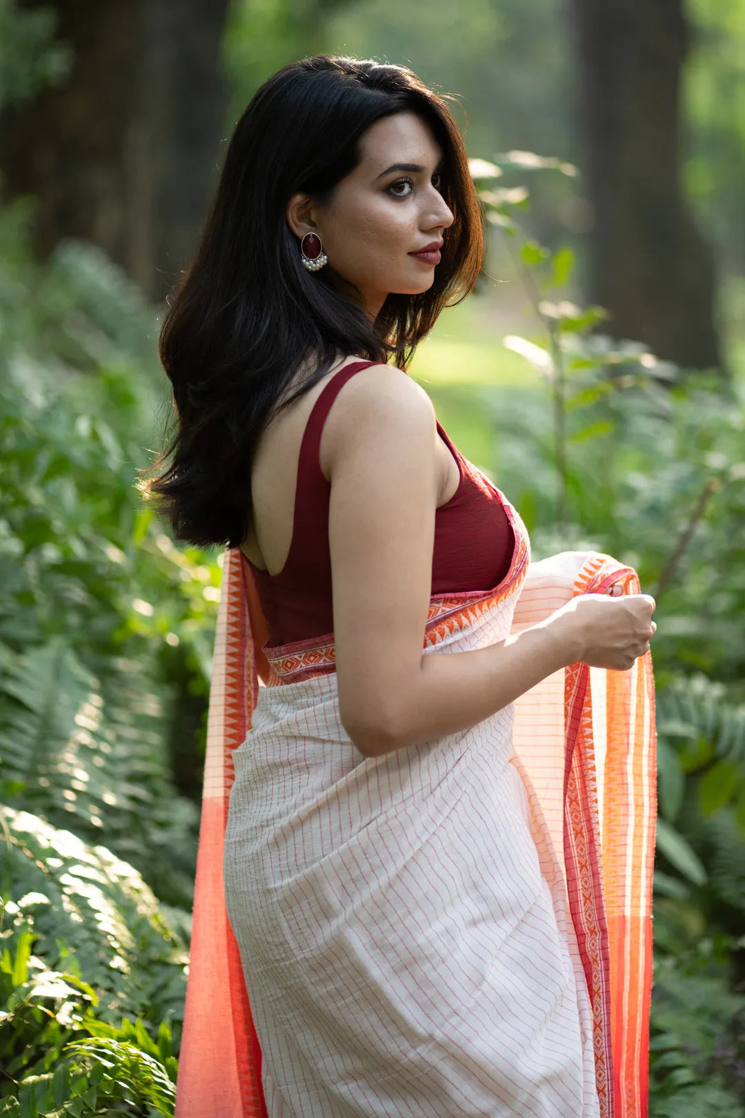 White Saree with Red jacquard Border and red stripes - Handmade cotton Saree - I Love Sarees