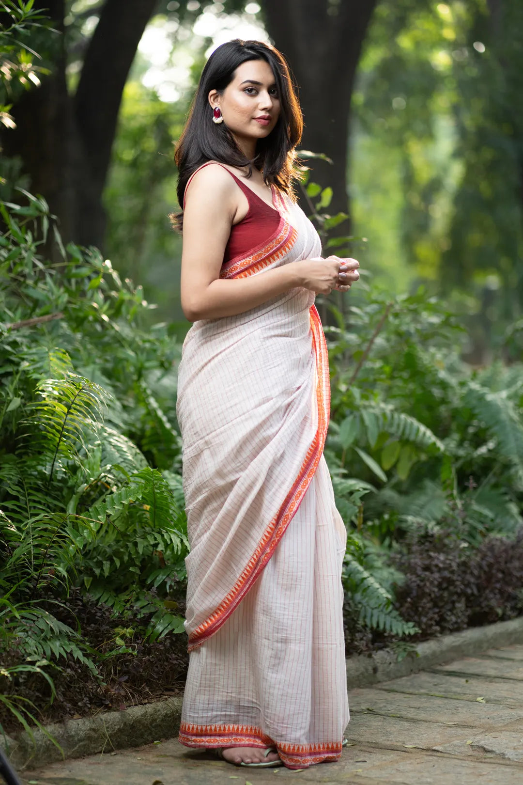 White Saree with Red jacquard Border and red stripes - Handmade cotton Saree - I Love Sarees