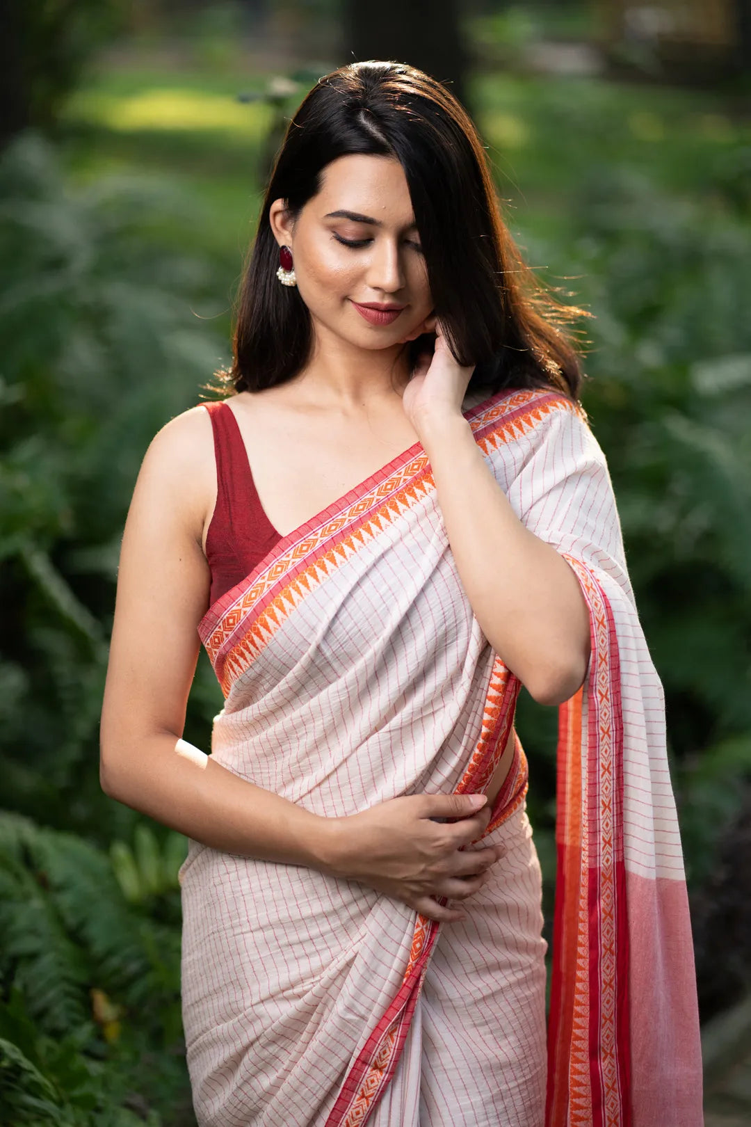 White Saree with Red jacquard Border and red stripes - Handmade cotton Saree - I Love Sarees