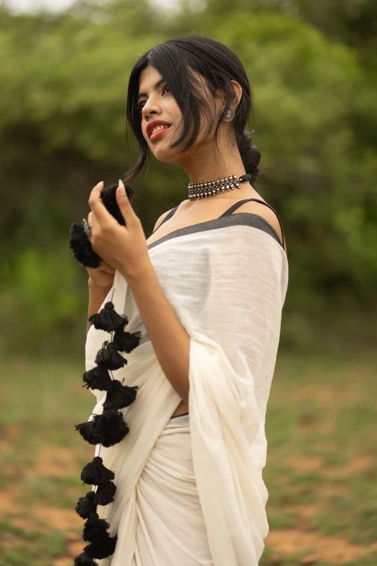 White colour saree with black border - pure cotton saree - Black tassels - I Love Sarees