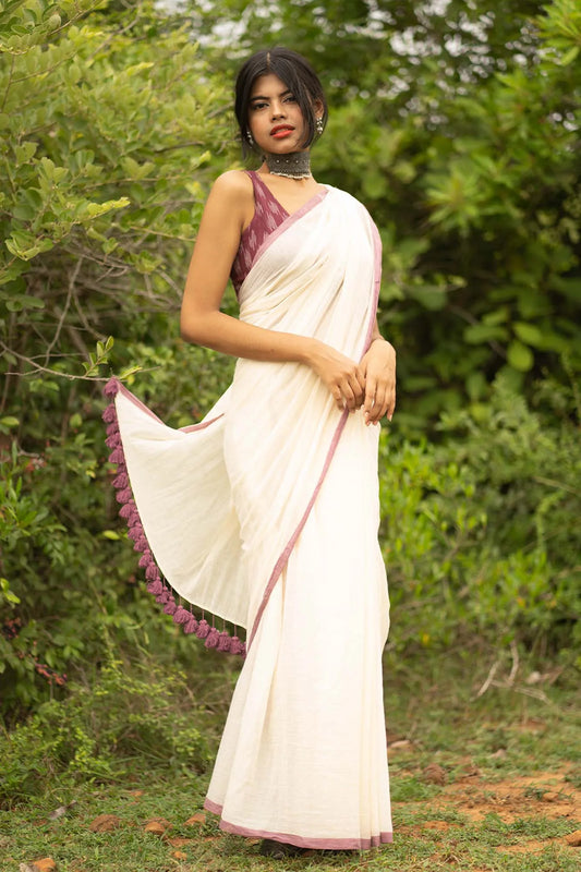 White saree with purple border - Pure cotton Saree - I Love Sarees