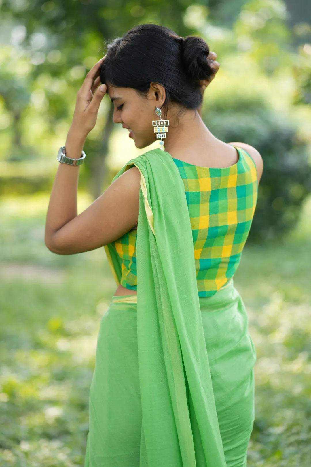 Yellow and Green Checked Cotton Sleeveless blouse - I Love Sarees